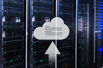 Cloud storage, data access, login and password request window on server room background. Internet...
