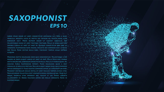 Saxophonist of blue glowing dots. Saxophonist vector illustration.