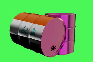 Illustration of two metal industrial oil barrels with Iraq flag