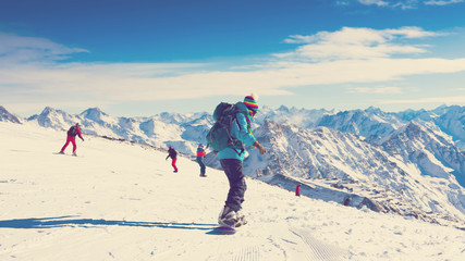 Fototapeta na wymiar Woman, snowboard winter, rides