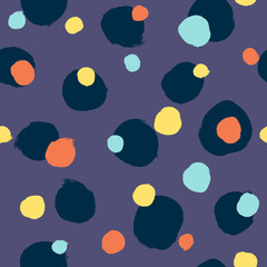 Repeating coloured round spots painted with rough brush. Seamless pattern with irregular watercolour polka dot. Sketch, ink, splash.