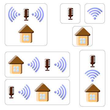 Smart Home Control Stickers. Home, Microphone, Data Transfer. Vector Illustration On White Background On Hotel Plates