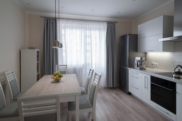 Interior. Kitchen modern, white, gray, beige color