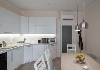 Interior. Kitchen modern, white, gray, beige color