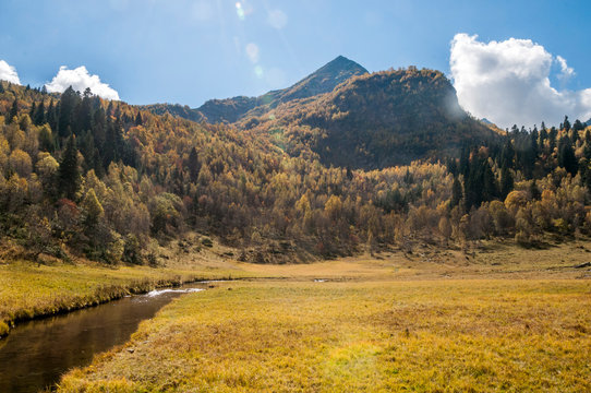 Russia, Arkhyz. Atsgara river valley in autumn in Sunny day