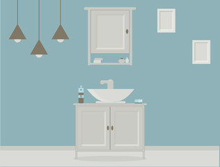Provence style bathroom with washbasin, cupboard, paintings on the wall and fashionable brown hanging lamps. Vector illustration