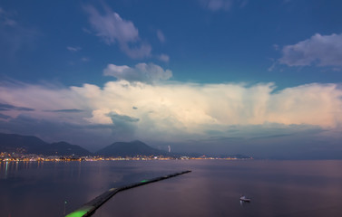 Alanya city harbor panorama in the evening with lighting