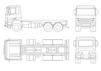 Truck tractor or semi-trailer truck in outline Combination of a tractor unit and one or more semi-trailers to carry freight. Side, front, back, top view. © Golden Sikorka