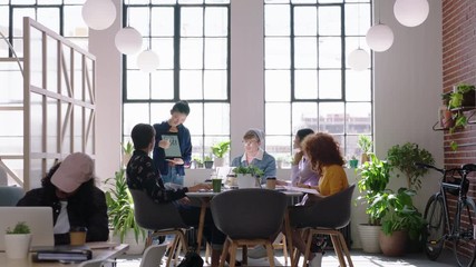 creative team meeting business people brainstorming asian woman leader using tablet computer showing creative ideas to colleagues collaborating in modern office presentation