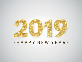 Happy New year banner with gold glitter 2019 numbers and text on bright background. Luxury festive design for greeting card. Christmas holiday celebration design. Vector illustration