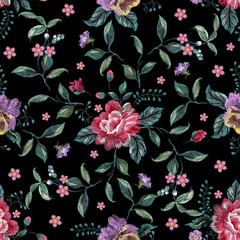 Embroidery trend floral seamless pattern with roses, pansies and forget me not flowers. Vector traditional folk flowers decor on white background for clothing design. - 234535914