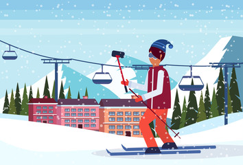 man taking selfie ski resort hotel houses buildings cable car snowy mountains fir tree landscape background winter vacation concept flat horizontal