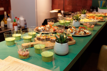 Various snacks on open kitchen counter