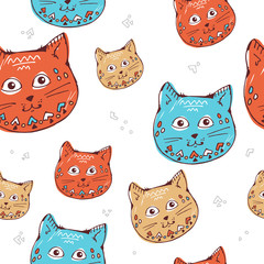 Cute cats colorful seamless pattern background, red, blue,beige, white colors, kids style. Hand drawing. background for greeting cards, wallpaper, print on fabric