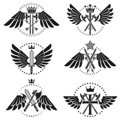 Vintage Weapon Emblems set. Heraldic coat of arms decorative emblems collection.
