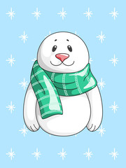 Sea calf with a green scarf on the background of snowflakes. Vector illustration in cartoon style
