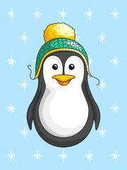 Cute penguin wearing a green hat on the background of snowflakes. Vector illustration in cartoon style