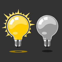 Turning on and turning off light bulbs. Two electric light bulbs on dark background