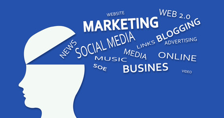 The head from which falls the inscriptions filling it - slogans