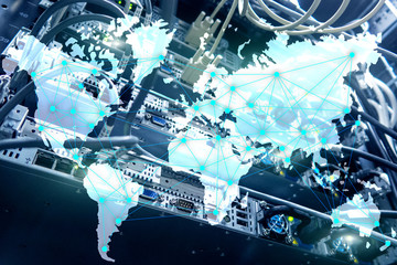 Internet and telecommunication concept with world map on server room background.