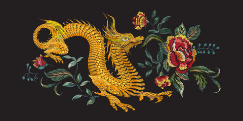 Embroidery oriental floral pattern with golden dragons and red roses. Vector embroidered patch with flowers and animal for fashion design. - 234538307