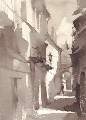 A sketch of city street, sepia color. Watercolor style.