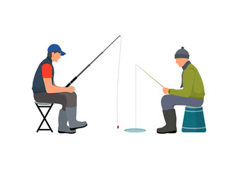 Fishers Sitting on Stools Vector Illustration