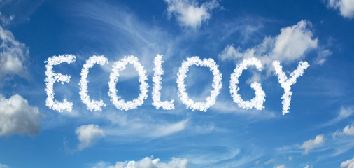 ECOLOGY inscription painted with clouds on a blue background with white clouds