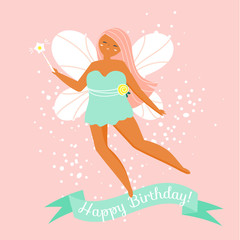 Flying fairy and text Happy Birthday. Female greeting card design template