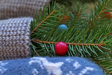 The bunches of green sprigs of fir are in the middle of two pairs of warm winter woolen gloves on a knitted white background with an ornament