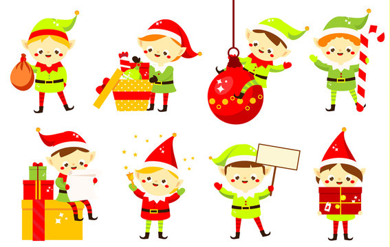 Christmas elves. Collection of cute Santa's helpers holding gifts. Cartoon characters for new Year greeting design