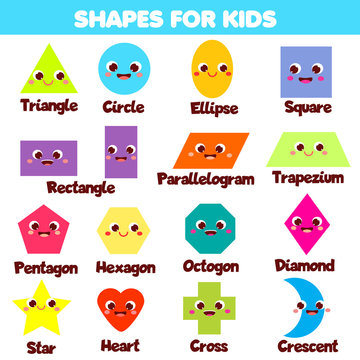 Shapes for kids. Collection of cartoon geometric shapes and forms for children and toddlers. Educational infographics