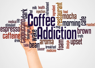 Fototapeta premium Coffee addiction word cloud and hand with marker concept