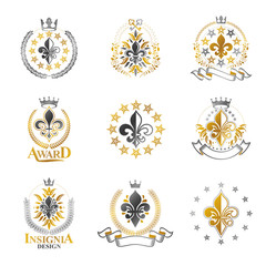 Royal symbols Lily Flowers emblems set. Heraldic vector design elements collection. Retro style label, heraldry logo.