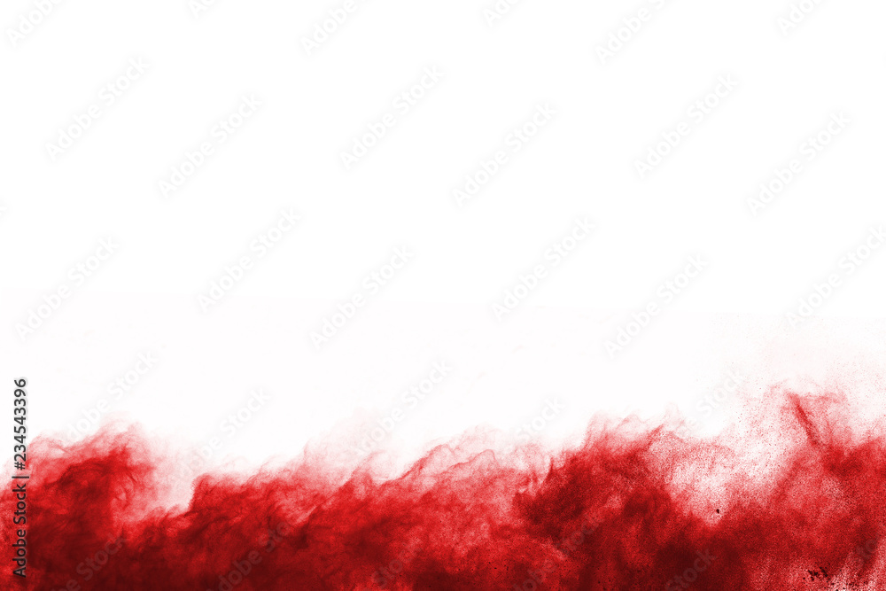 Poster freeze motion of red powder exploding, isolated on white background. abstract design of red dust clo
