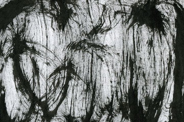 Black with grey ink texture with abstract washes and brush strokes on white watercolor paper background.