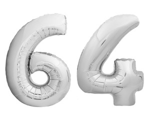 Silver chrome number 64 sixty four made of inflatable balloon on white