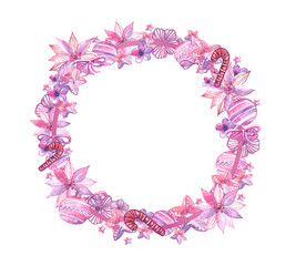 Christmas greetings in a round frame. Watercolor illustration