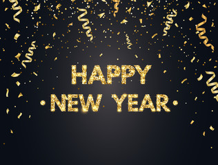 Fototapeta na wymiar 2019 Happy New Year background with gold confetti, glitter, sparkles and stars. Happy holiday backdrop with golden glitter text and numbers. Premium design for greeting card. Vector illustration