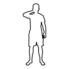 Man closing his eyes his hands silhouette front view icon black color illustration  outline