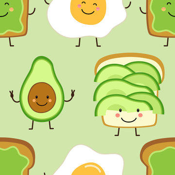 Seamless pattern with cute hand drawn cartoon characters of avocado, toast and egg