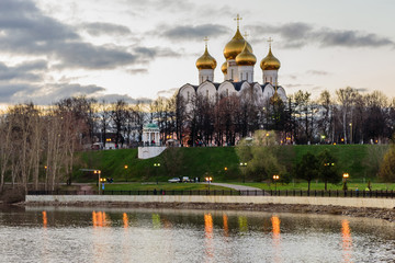 Golden ring of Russia. Uspensky cathedral and Strelka Park, beautiful evening view, Yaroslavl, Russia
