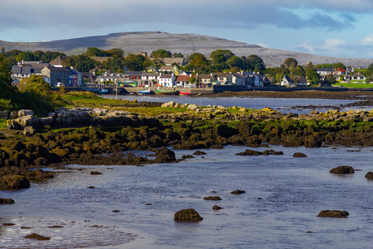 Kinvarra bay with village and boats