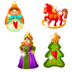 Obraz na płótnie Canvas Sketch with Christmas tree decoration in Russian folk style isolated on white background. Colorful festive glass baubles. Template of poster, invitation, card. Vector cartoon close-up illustration.