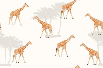 Obraz na płótnie Canvas Giraffe cartoon style realistic character drawing. Exotic tall animals. Palm trees. White background. Seamless pattern texture. Africa nature park reserve zoo safari. Vector design illustration.
