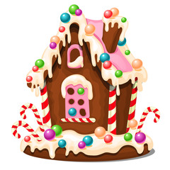 Festive cake in shape of village house decorated in Christmas style isolated on white background. Sweet festive pastries. Gingerbread house. Sketch for greeting card, festive poster. Vector cartoon.