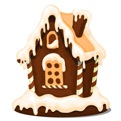 Festive cake in shape of village house decorated in Christmas style isolated on white background. Sweet festive pastries. Sketch for greeting card, festive poster. Gingerbread house. Vector cartoon.