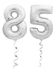 Silver chrome number eighty five 85 made of inflatable balloon with ribbon on white