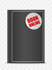Vector realistic black book mock up with sticker BOOK ONLINE isolated on transparent background. 3d vertical front view notebook mockup for design. Hardcover closed standing diary template with tag