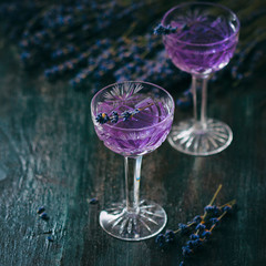 Lavender cocktail on a dark background.